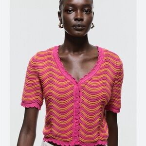 H&M Crotchet Cropped Cardigan Pink & Orange With Scalloped Edges Women’s Size L